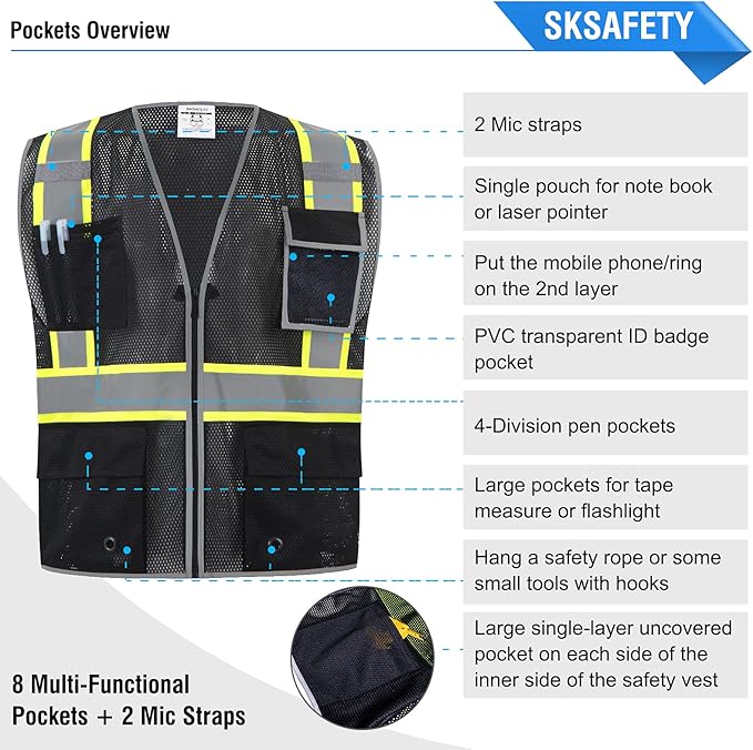 SKSAFETY 10 Pockets Safety Vest, Class 2 High Visibility Security with Zipper Double-sided mesh, Hi Vis Vest with Reflective Strips, ANSI/ISEA Standard, Construction Work Vest （Black, 3XL）