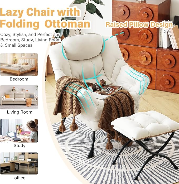 Lazy Chair with Ottoman, Modern Chair with Folding Footrest, Lounge Accent Chair, Comfortable Reading Chair, Oversized Armchairs for Bedroom, Study, Living Room, Courtyard (Beige