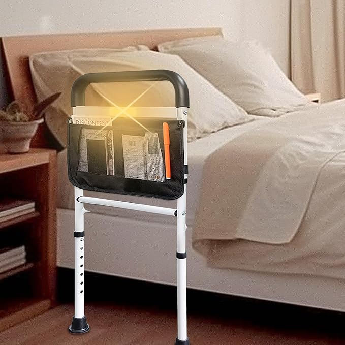 AOHHL Bed Rails for Elderly Adults Safety with Motion Light Adjustable Heights Storage Pocket Assist Support Side Railing for Seniors Slides Under Bed Guard Bed Handle Bars (White with Warm Light)