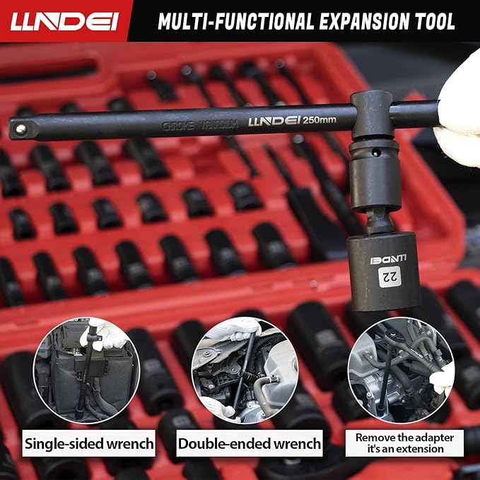 LLNDEI 1/4 & 3/8 Inch Drive Impact Socket Set, 186 Pieces Metric and Standard Full Sockets, CR-V Deep & Shallow Sockets Tool Set with Ratchet Wrench Handle, Spark Plug Socket, Bits for Mechanic