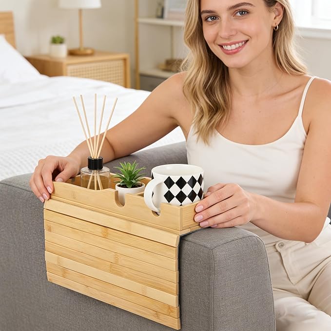 Bamboo Couch Arm Tray with Cup Holder, Foldable Wooden Couch Cup Holder Armrest Table, Non-Slip Sofa Arm Tray Caddy with Storage Sections for Drinks, Phones, Remotes and Snacks