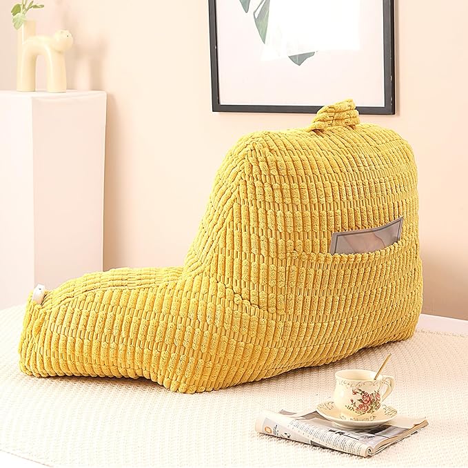 Reading Pillow for Sitting in Bed, Large Backrest Reading Pillow with Arm Rest,Back-Rest Support Cushion for Sit Up on Couch, Sofa, and Floor, Dorm Essentials (Yellow Corduroy, Large(19"))