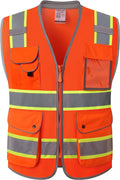 JKSafety 9 Pockets Hi-Vis Safety Vest Breathable Mesh Fabric Cushioned Collar Work Utility PPE Lightweight Industrial Work Gear ANSI/ISEA compliant (101-Orange M)