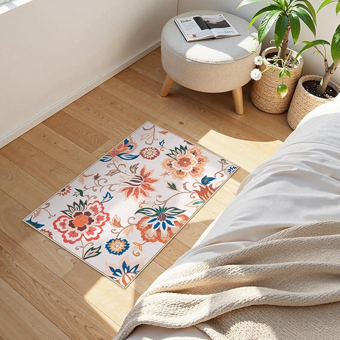 Beeiva Floral Entry Way Rugs Indoor Washable, Ultra Thin 2x3 Throw Rug Non Slip for Kitchen, Soft Paisley Mat Carpet for Bedroom Entrance Bathroom (Beige,2'x3')