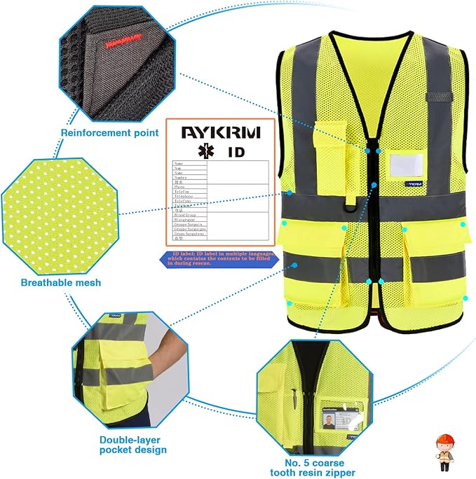 A-SAFETY High Visibility Mesh Safety Reflective Vest with Pockets and Zipper,Hi Vis Viz Reflective Safety Vest(Yellow Mesh L)