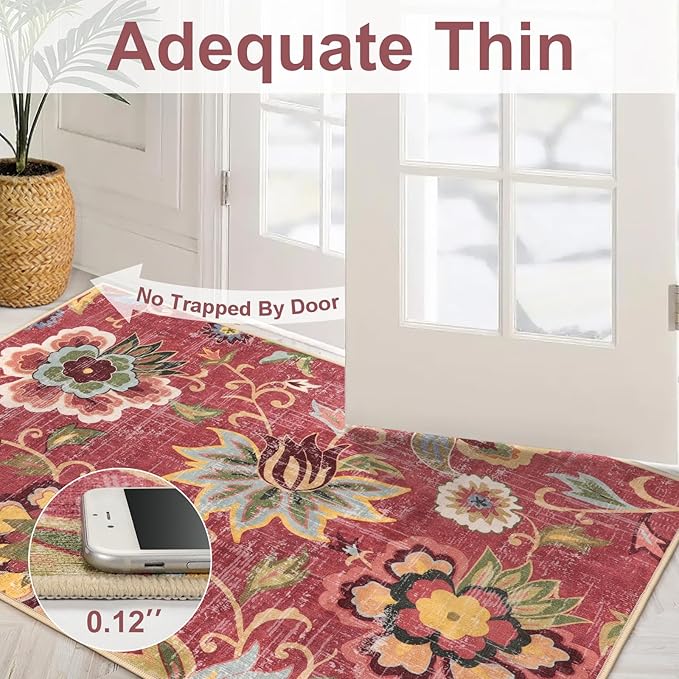 Beeiva Floral 3x5 Washable Rug Non Slip, Red Small Vintage Washable Rugs for Entryway, Ultra Thin Paisley Red Lightweight Entryway Carpet for Bathroom Kitchen Bedroom Office Christmas