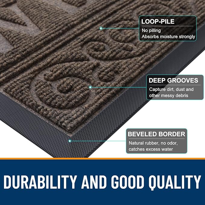 OLANLY Welcome Door Mat Indoor Outdoor Entrance, Heavy Duty Sturdy Front Door Mat, Waterproof All-Weather Doormat, Stain Resistant, Low Profile, Easy Clean Patio Entryway Mat, 36 x 24, Medium Brown