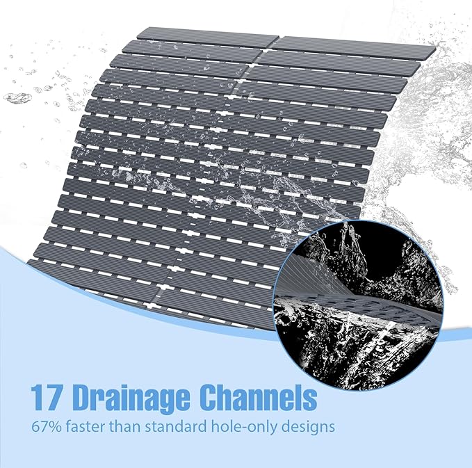 Shower Mat Non-Slip Bath Mat for Tub and Shower Stall,200+ Suction Cups with Drain Holes, Quick Dry Machine Washable, Extra Grip for Stand Up Showers, Bathroom Essentials 24x24 Inch (Light Grey)