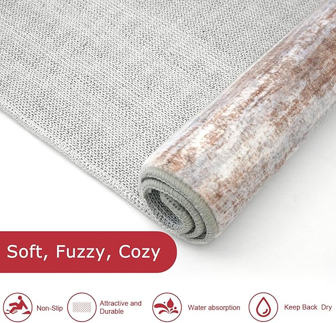 KOZYFLY Modern Abstract Kitchen Runner Rug, 2x6 Washable Rug Runner Non-Slip Soft Striped Hallway Runner Rugs, Grey Brown Print Carpet Runner for Entryway Bathroom Laundry Room Foyer