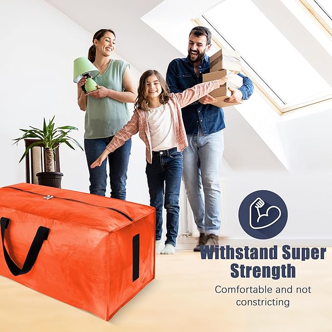 12 Pack Large Strong Moving Bags with Zippers & Carrying Handles - Water-Resistant - Heavy Duty Storage Tote for Space Saving, Fold Flat, Alternative to Moving Box (Orange)