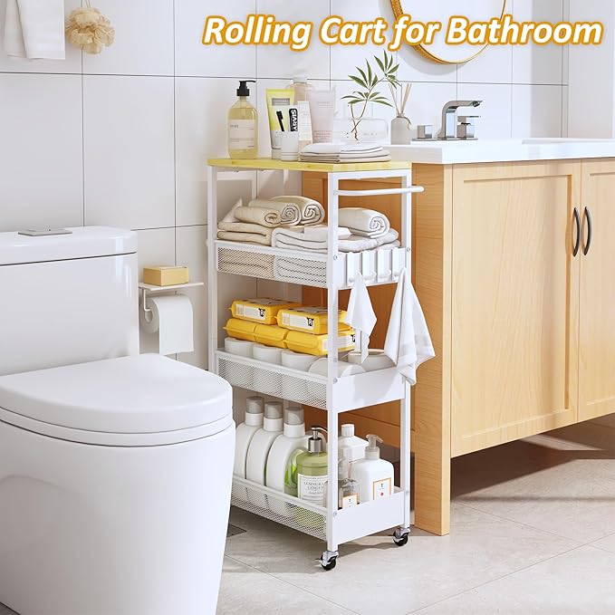 Slim Rolling Storage Cart, 4 Tier Metal Narrow Utility Cart with Handle and Wood Top, Multifunctional Small Mobile Shelf Unit Organizer Trolley for Laundry, Bathroom, Kitchen