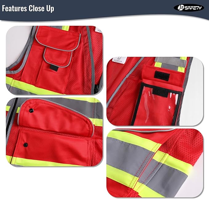 JKSafety 11 Pockets Hi-Vis Black Mesh Safety Vest for Men Women High Visibility Reflective Construction with Zipper Work Utility PPE Work Gear ANSI/ISEA compliant (102-Red XL)
