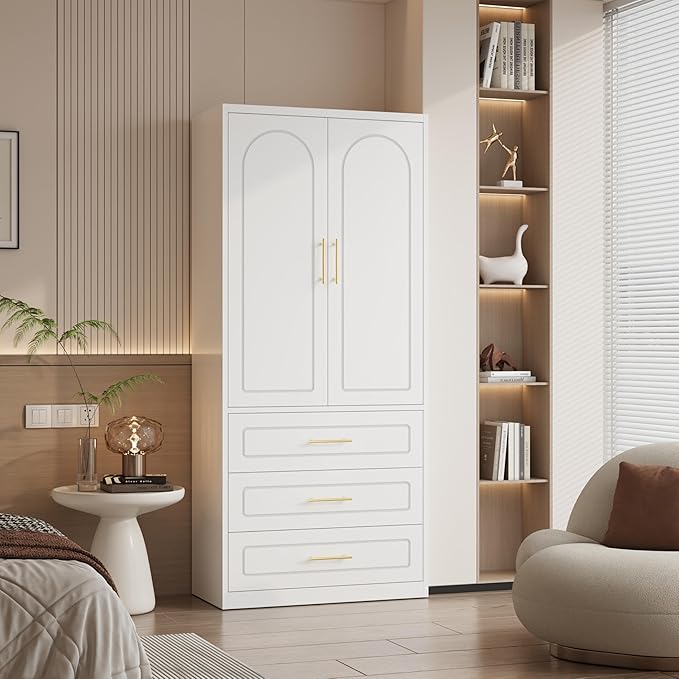 Armoire Wardrobe Closet with Three Drawers, 71" Tall Large Wardrobe Cabinet with Hanging Rod, Clothing Metal Storage Cabinet with Doors and Shelves for Bedroom, White, Assemble Required