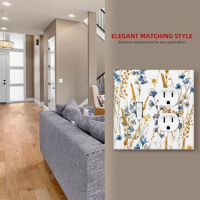 Vintage Wildflower Blue Gold Country Fall Wheat Floral Wallplates 1 Toggle 1 Duplex Switch Plate Electrical GFCI Faceplate Decorative Light Switch Covers for Bedroom Living Room Decor