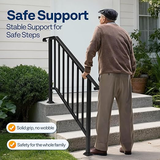 VIVOHOME 2-Pack 4 Step Galvanized Steel Hand Rails for Outdoor Steps – Curved Ends and Safety Balusters Exterior Railing for Porch, Deck, or Indoor Stairs, Complete Installation Kit