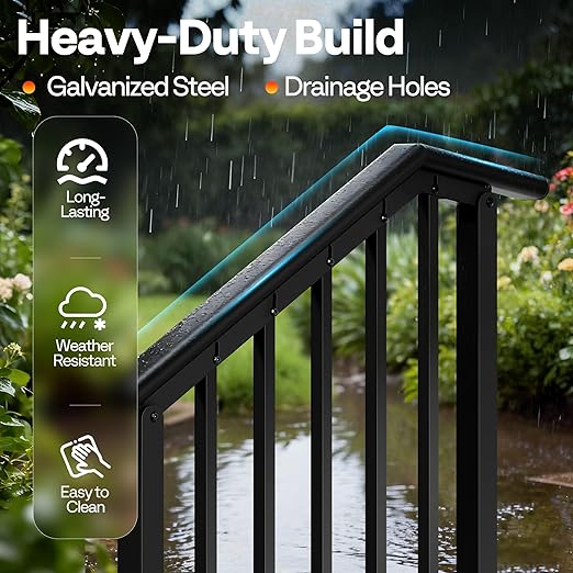 VIVOHOME 2-Pack 3 Step Galvanized Steel Hand Rails for Outdoor Steps – Black Oval and Safety Balusters Exterior Railing for Porch, Deck, or Indoor Stairs, Complete Installation Kit