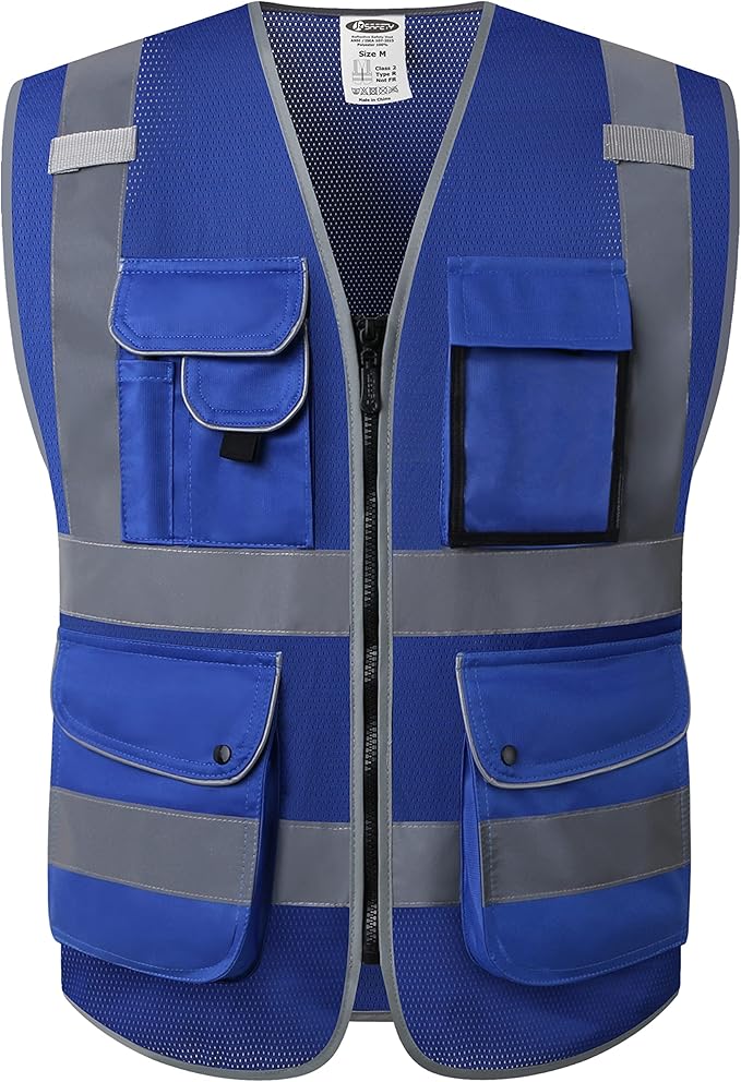 JKSafety 9 Pockets High Visibility Safety Vest for Men and Women, Hi-Vis Reflective Blue Safety Vests with Zipper Front, Meet ANSI/ISEA Standards (159-Blue 4XL)