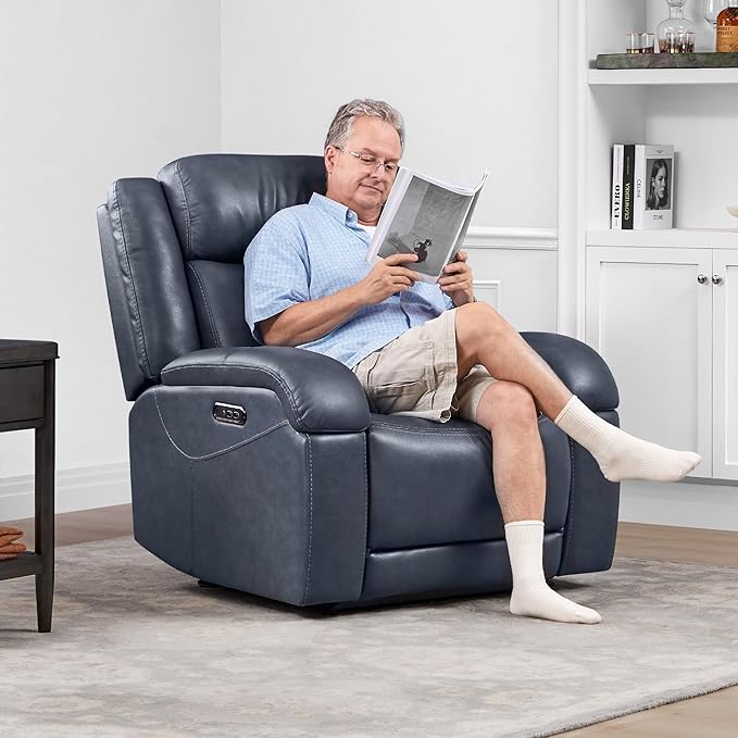Watson & Whitely Genuine Leather Power Recliner Chairs for Adults, Wall Hugger RV Recliner with Power Headrest & Charging Ports, Electric Recliner Sofa Chair for Living Room, Navy