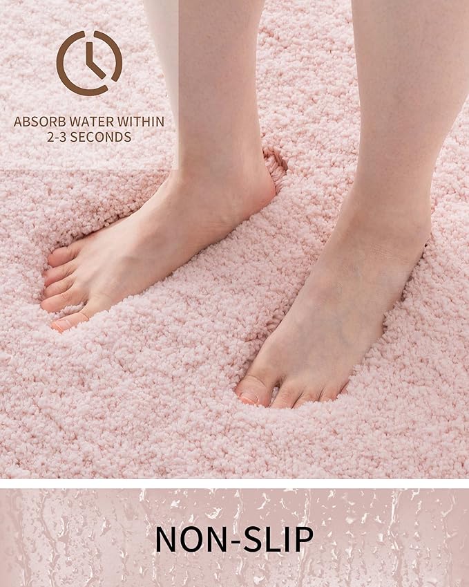 Bathroom Rugs, Ultra Thick Shaggy Soft Microfiber Absorbent Bath Rug, High Density Foam Latex Non Slip Backing, Machine Washable Bath Mats for Bathroom Floor & Sink 24x17, Pink