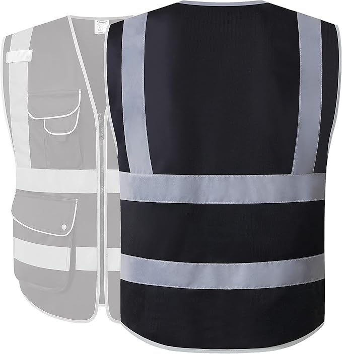 JKSafety 9 Pockets High Visibility Zipper Front Black Safety Vest With Reflective Strips,Meets ANSI/ISEA Standard (5X-Large, 150-Black)