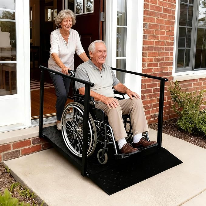4FT Wheelchair Ramp with Handrails, Non-Slip Iron Handicap Ramps for Steps, Threshold Ramp for Home Entry Stairs Curbs, Heavy Duty Ramp 1000 Lbs Capacity
