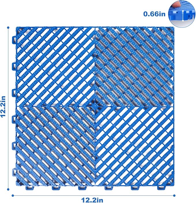 12Pack Modular Interlocking Grille Tile 12"x12"x0.66" Heavy Duty Mat for Garage Flooring Car Washing Facility Drain Balcony Yard Deck Floor (Blue)