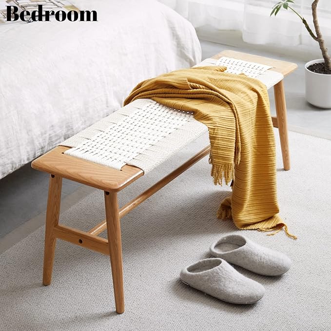 Wood Dining Bench,100% Natural Solid Oak with Rattan Design, Rounded Edge, Bench for Entryway Hall, Dining Room,Bedroom, Living Room (Off-White, 31.49 inch)