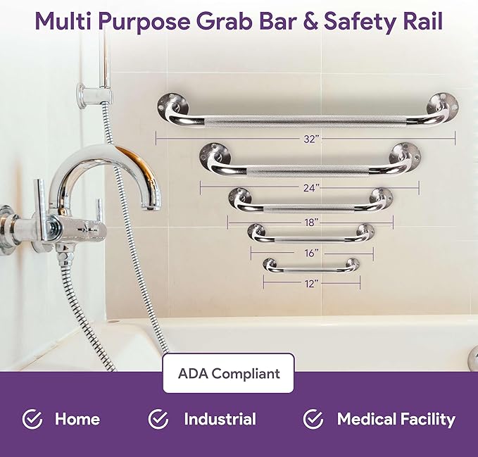12 Inch Grab Bars for Bathtubs and Showers - Chrome Knurled Bathroom Safety Rail Handle - Non Slip Textured Grip Handicap Grab Bar for Seniors, 250 lbs Weight Support Capacity