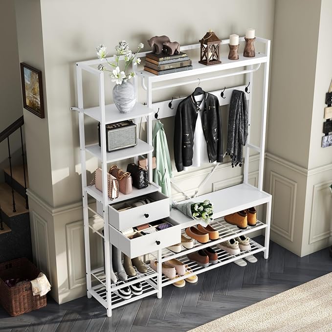 7-in-1 Hall Tree with Bench and Shoe Storage for Entryway, Entryway Bench with Coat Rack, Storage Shelves, Shoe Race, Coat Hooks and 2 Fabric Drawers for Hallway(White)