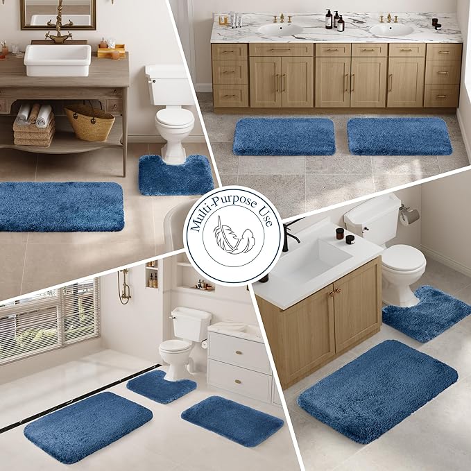 Walensee Non Slip Bath Mat (16 x 24, Navy) - Soft Microfiber Shaggy, Water Absorbent, Machine Washable, Thick Plush Shower Rug