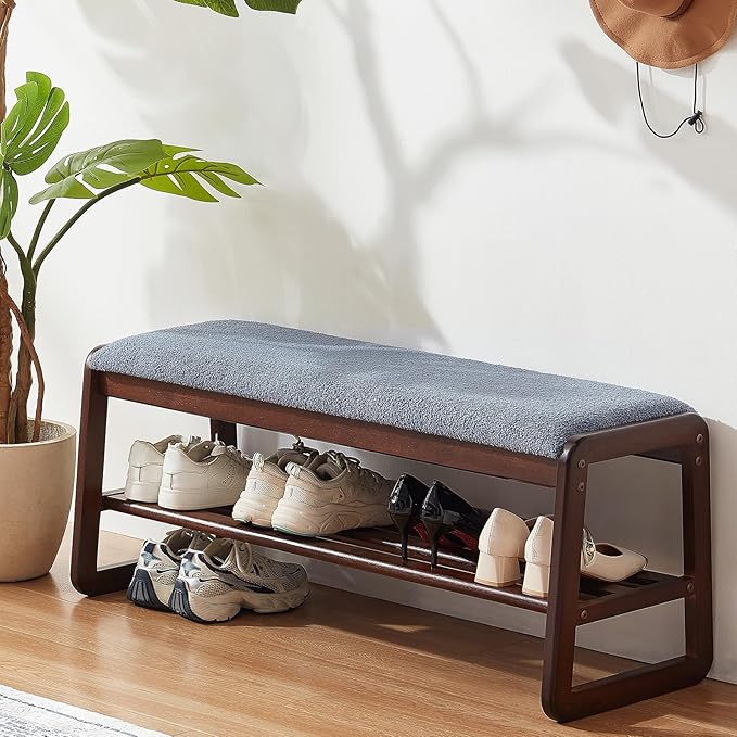 Shoe Rack Bench,2 Tier Wooden Entryway Bench with Shoe Storage, Shoe Rack with Cushion for Living Room, Hallway(Grayish Blue, 39.4")