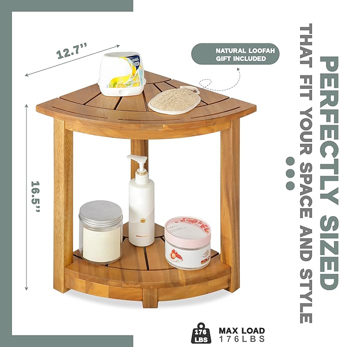 Acacia Wood Corner Shower Stool - Waterproof Triangular Bathroom Bench with Storage Shelf & Soap Dish for Shaving, Natural Wood (17.9x12.7x16.5)