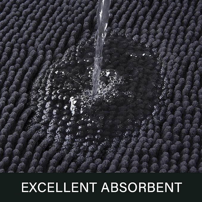 LOCHAS Luxury Bathroom Rug Shaggy Bath Mat 24 x 44 Inch, Washable Non Slip Bath Rugs for Bathroom Shower, Soft Plush Chenille Absorbent Carpets Mats, Dark Grey