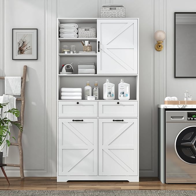 78" Tall Tilt-Out Double Doors Laundry Cabinet Hamper w Hidden Laundry Hamper,Large Pull Out Laundry Room Storage Cabinets,Kitchen Double Tilt Out Trash Cabinet,13X2 Gallon Bathroom Organizers(White)