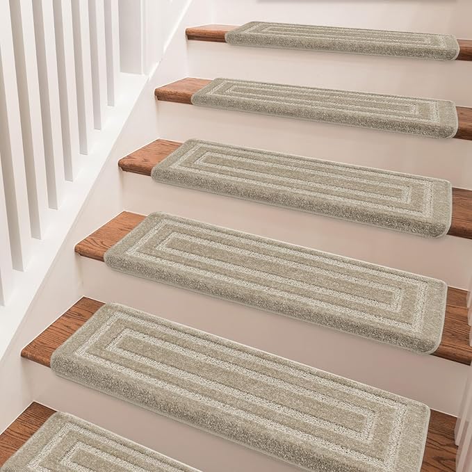PURE ERA Bullnose Carpet Stair Treads Set Tape Free Non-Slip Indoor Stair Protectors Pet Friendly Rugs 9.5" x 30"(7 Pieces,Cream Gray Rectangular)