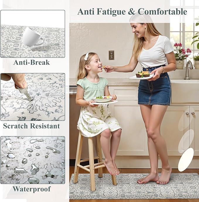 Collive Kitchen Mats Cushioned Anti Fatigue 17.3''x28'', Non Slip Waterproof Kitchens Sink Rug Vintage Boho Floral Rugs, Comfort Ergonomic Foam Standing Desk Mat for Floor, Home Office, Light Blue