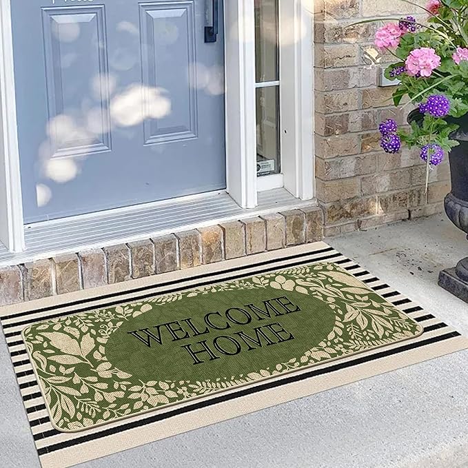 Welcome Spring Door Mat Green Leaves Doormat Indoor Outdoor Entrance Outdoor Rug Low-Profile Floor Rug Non Slip Spring Summer Decor Rubber Mats for Home Decoration 17x36Inch