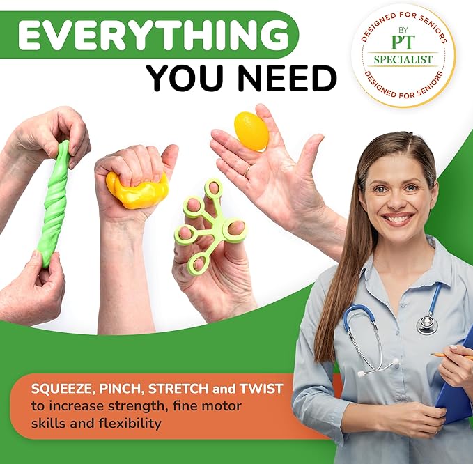 Physical Therapy Putty Kit, Finger Exercisers, and Hand Strengtheners. Improves Grip Strength, Dexterity, and Mobility. Supports Injury and Recovery Stress Relief