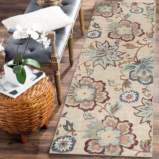 Beeiva Floral Washable Kitchen Runner Rugs, 2x6 Beige Ultra Thin Vintage Plant Bathroom Hallway Runner Rugs with Rubber Backing, Carpet Runner Rug for Hallways Laundry Rugs Laundry Room Runner