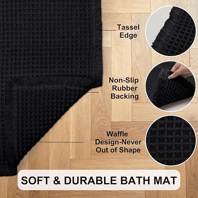 Hiasan Waffle Bath Mat, Super Absorbent Non Slip Bathroom Boho Rug with Tassels, Machine Washable Bath Mats for Bathroom, Ultra Soft Rubber Backed Rug, Black, 20 x 32 Inches