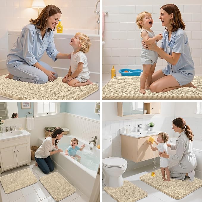 Arotive Bathroom Rugs 24x16, Extra Soft Absorbent Shaggy Chenille Bath Rugs, Machine Washable Rubber Backing Non-Slip Bath Mats for Bathroom Floor Tub and Shower, Home Decor Accessories, Beige