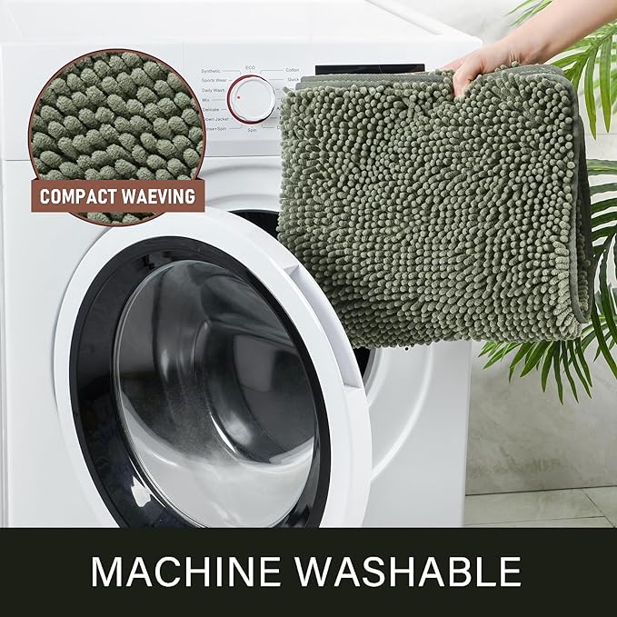 LOCHAS Luxury Bathroom Rug Shaggy Bath Mat 24 x 80 Inch, Washable Non Slip Bath Rugs for Bathroom Shower, Soft Plush Chenille Absorbent Carpets Mats, Sage Green