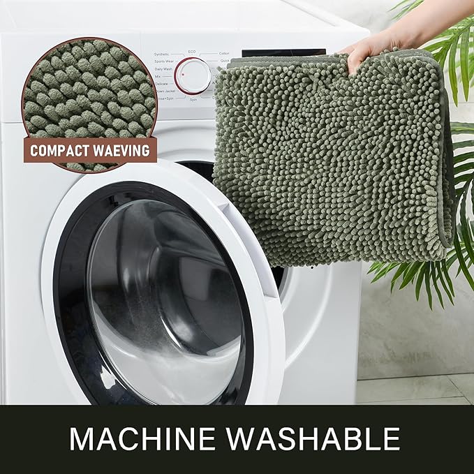 LOCHAS Luxury Bathroom Rug Shaggy Bath Mat 24 x 70 Inch, Washable Non Slip Bath Rugs for Bathroom Shower, Soft Plush Chenille Absorbent Carpets Mats, Sage Green