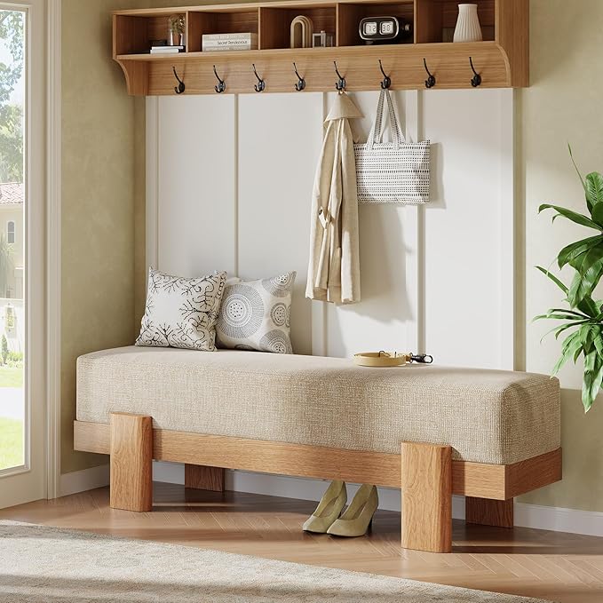 Tribesigns 55-Inch Upholstered Entryway Bench, Modern Shoe Bench with Fabric Padded Seat and MDF Frame, End of Bed Stool for Bedroom, Entrance, Living Room (Beige & Oak)