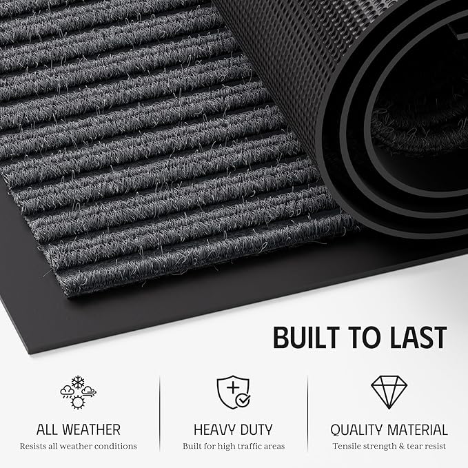 Front Door Mat, 3' x 10' Commercial Door Mat Outside Entrance, Heavy Duty Welcome Mats, Absorbent & Dirt Resistant, Non-Slip Extra Large Doormats, Door Rugs for Entryway Indoor Outdoor, Grey