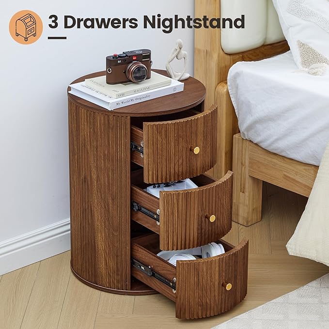End Table with Charging Station for Couch,Mid-Century Modern Narrow Sofa Side Table with Drawer for Living Room,Small Bed Side Table for Bedroom (Walnut-Round, 1 PC)