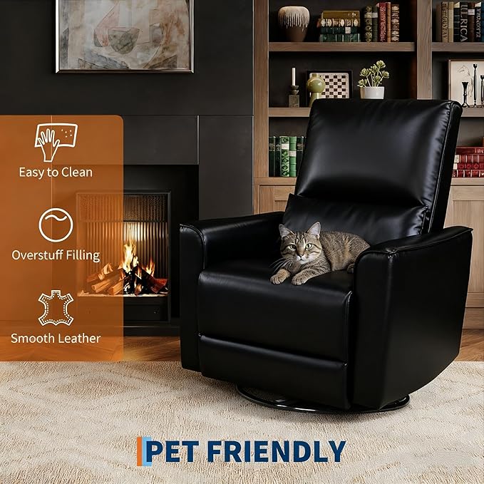 IDEALHOUSE Swivel Rocking Nursery Recliner Chair Rocker Recliner Glider Deep Seat PU Leather Sofa Chair with high Backrest for Nursery, Living Room, Bedroom & Home Movie Theater (Black)