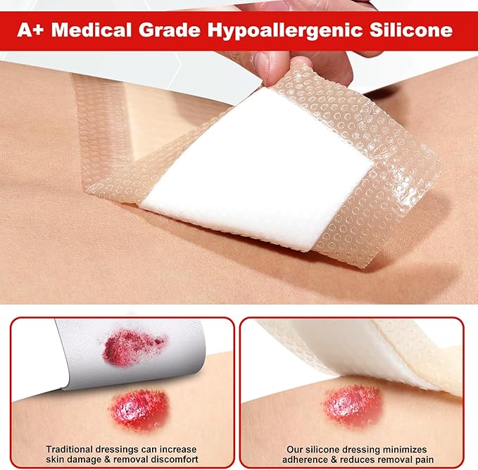 FRESINIDER Silicone Foam Dressing with Adhesive Border – Wound Dressing Bandage – Silicone Foam Pad – Pack of 20 – 4 x 4 Inches Large Waterproof Bandages – Self Adhesive Wound Care and Dressings