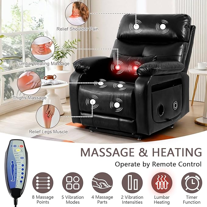 Dual Motor Power Lift Recliner Chair for Adult & Elderly, Infinite Position Lay Flat Lift Chair with Heat & Massage, Cup Holder, Lumbar Pillow, Wireless Charger, USB Ports, Leather (Black)