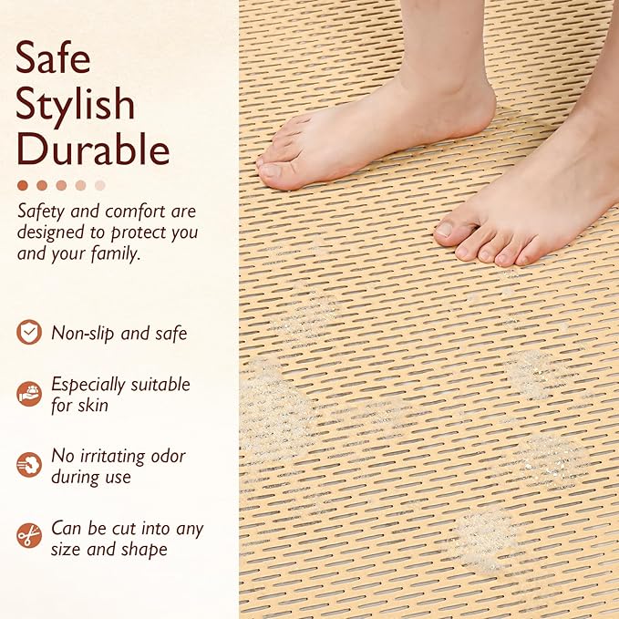 Extra Large Non-Slip Shower Mat, Fast-Dry PVC Bath Stall Tub Mat, Drain-Hole Design for Shower Stall Tub for Elderly/Kids, Non Slip Bath Mat Bathroom Safety Accessory, Khaki 24"x16"